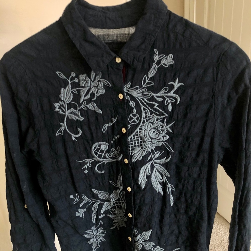 Johnny Was Dark Blue Embroidered w/ Velvet Trim